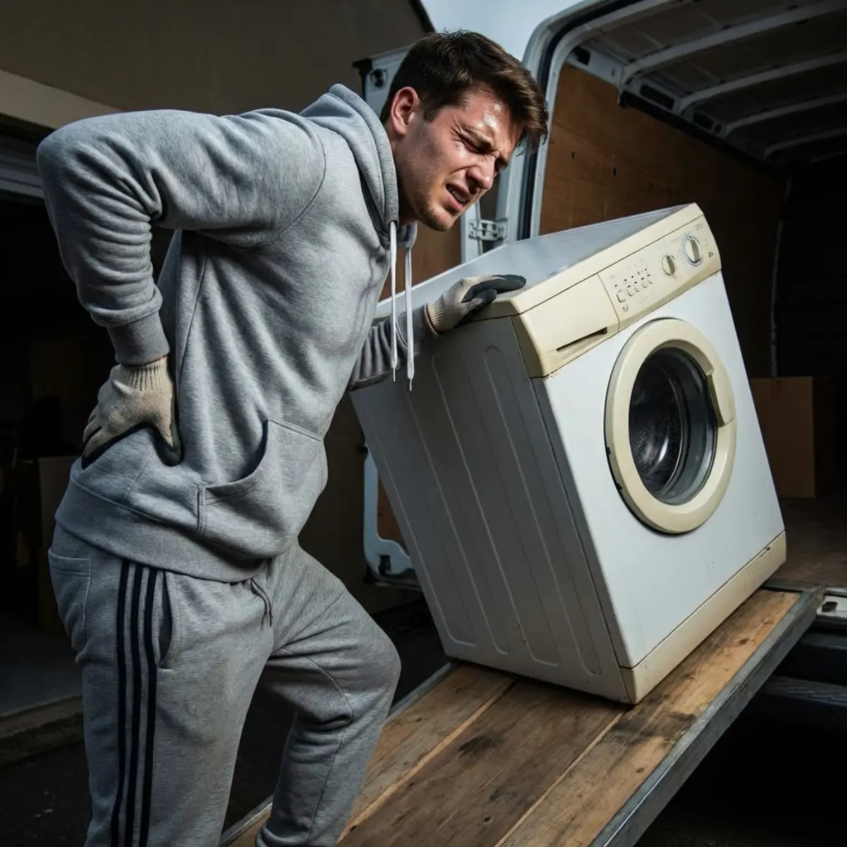 Man holding back in pain carrying washer