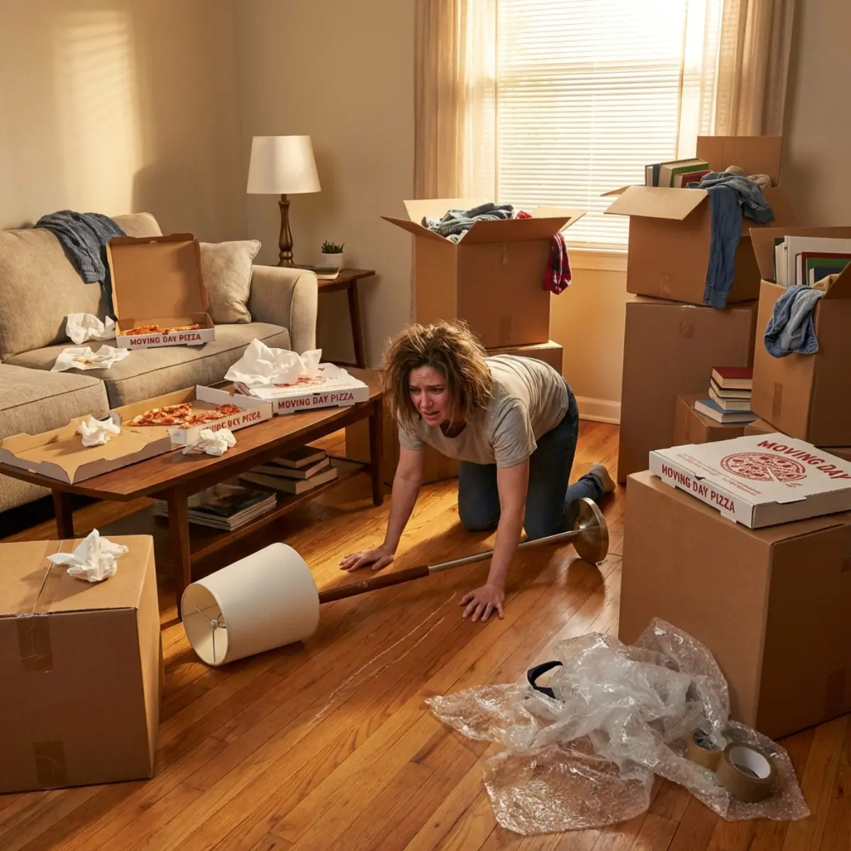 Disastrous living room with pizza boxes