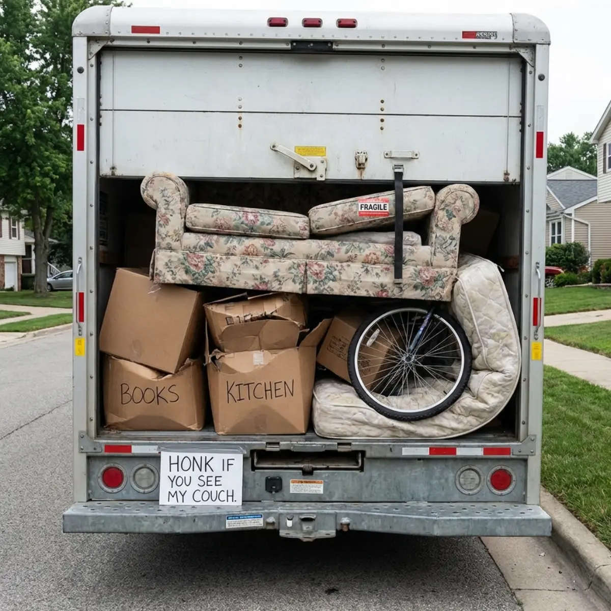 Badly packed truck with sofa hanging out